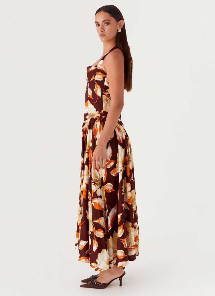 Dahlia Linen Maxi Dress - Brown Floral