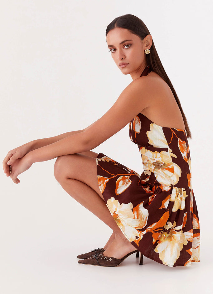 Sunset Ballad Linen Mini Dress - Brown Floral