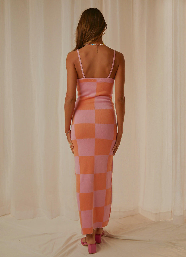 Cali Sweetheart Knit Maxi Dress - Pink and Orange Checkers - Peppermayo
