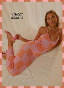 Cali Sweetheart Knit Maxi Dress - Pink and Orange Checkers - Peppermayo